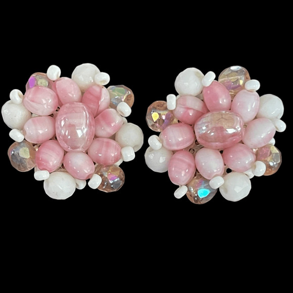 Signed West Germany Pink Glass Beaded Earrings Clip On VTG Beautiful Ballet Core - Picture 6 of 6